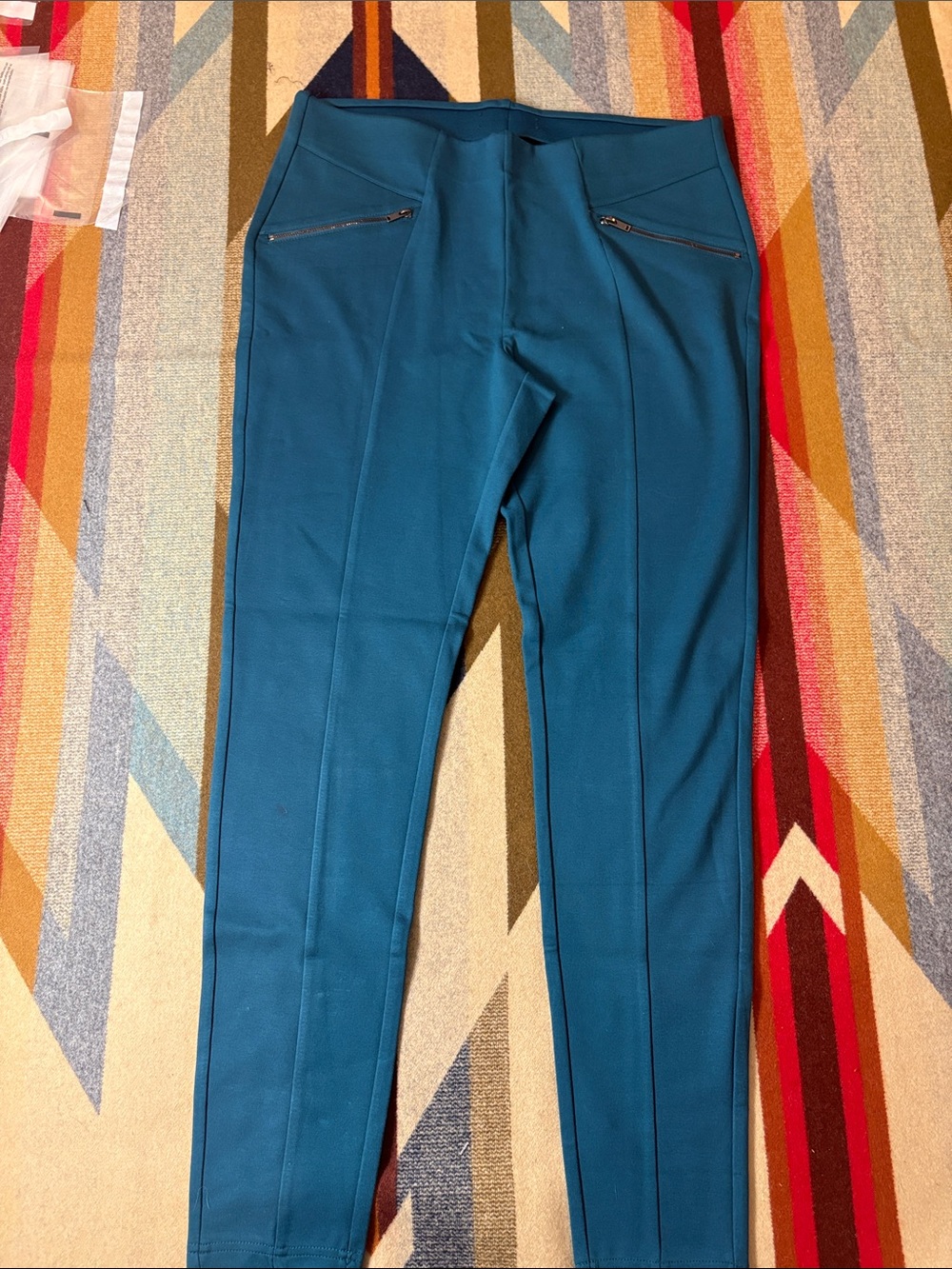 Ladies Teal Stretch Pull-On Pants with Zip Pockets